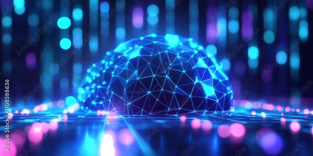 Poster abstract polygonal background with blue glowing dots and bokeh effects for modern digital designs an