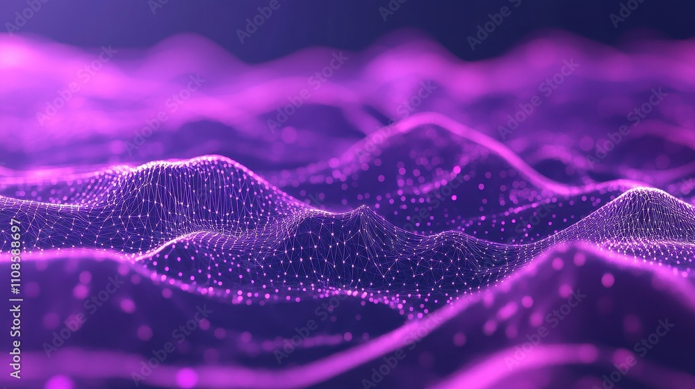 Poster abstract purple network landscape futuristic digital data visualization with glowing nodes and conne