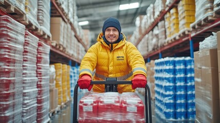Fototapeta premium Industrial facility action warehouse worker using forklift to enhance productivity with supplies movement