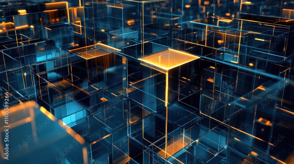 Poster abstract 3d render of interconnected glass cubes with glowing orange lines - futuristic technology b