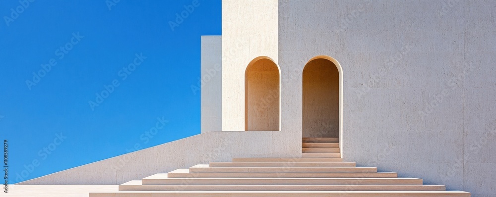 Poster modern architectural structure with abstract design and blue sky.