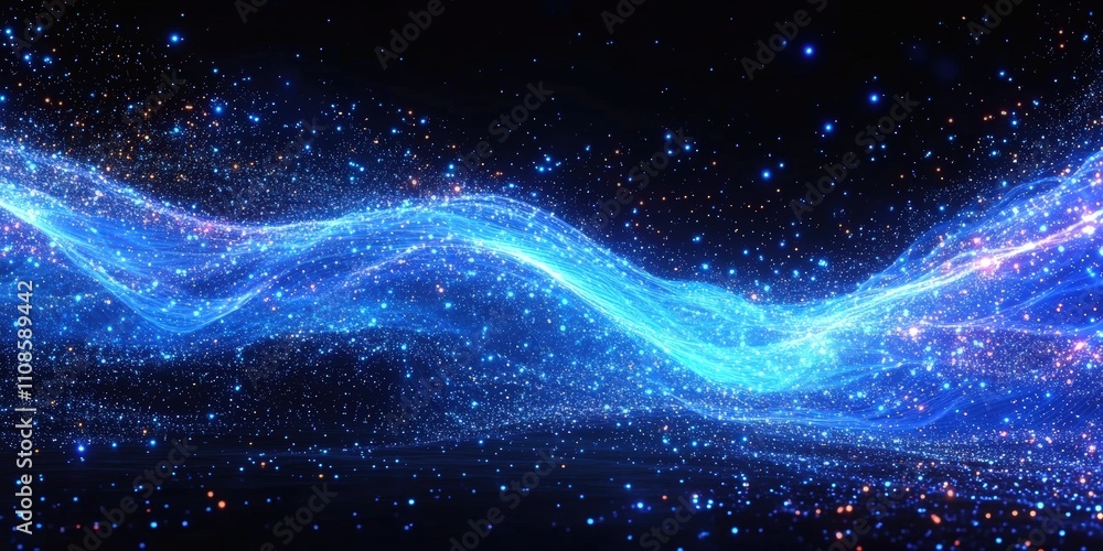 Poster glowing blue light beam stream on black background with sparkling particles creating a dynamic visua