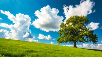 Solitary Tree on a Lush Green Hill Under a Blue Sky. A solitary tree stands majestically on a lush green hill beneath a vibrant blue sky filled with fluffy clouds