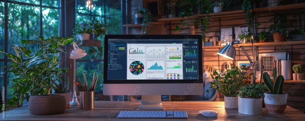 Poster modern workspace with computer, plants, and data visualization.