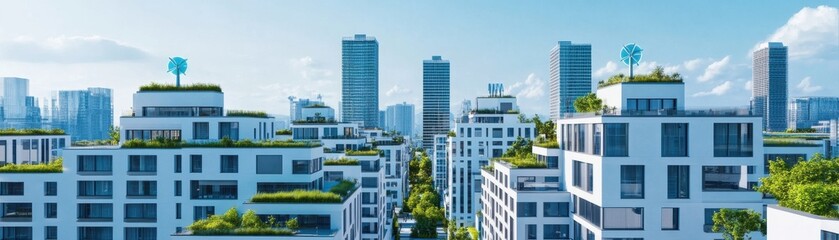 Fototapeta premium Modern urban skyline with green terraces and blue sky.