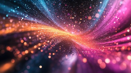 Obraz premium Abstract Glittering Background Vibrant Pink, Orange, and Blue Light Trails with Sparkling Bokeh Effect for Festive Design, Technology, and Cosmic Concepts.