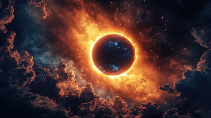 Obraz premium Fiery Celestial Body Dramatic Space Scene with Burning Planet and Cosmic Clouds - Stock Photo