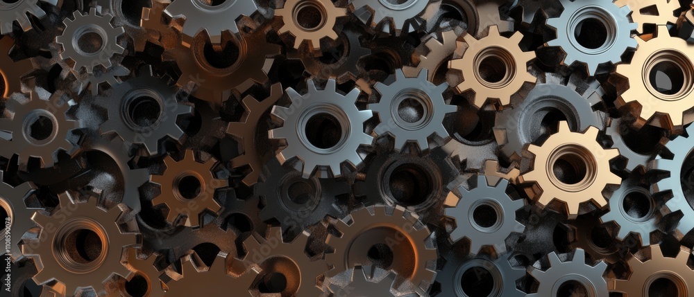 Poster intricate 3d render of interlocking metallic gears abstract background of black and gold cogwheels f
