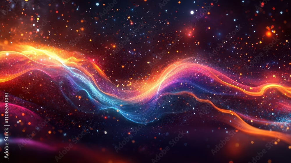 Poster abstract cosmic nebula vibrant glowing waves of light and energy with sparkling particles - high-res