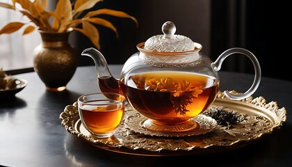 Fototapeta premium a teapot and a cup of tea on a tray with a tree on it.