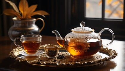 Fototapeta premium a tray with tea and tea set on it and a teapot on the table.