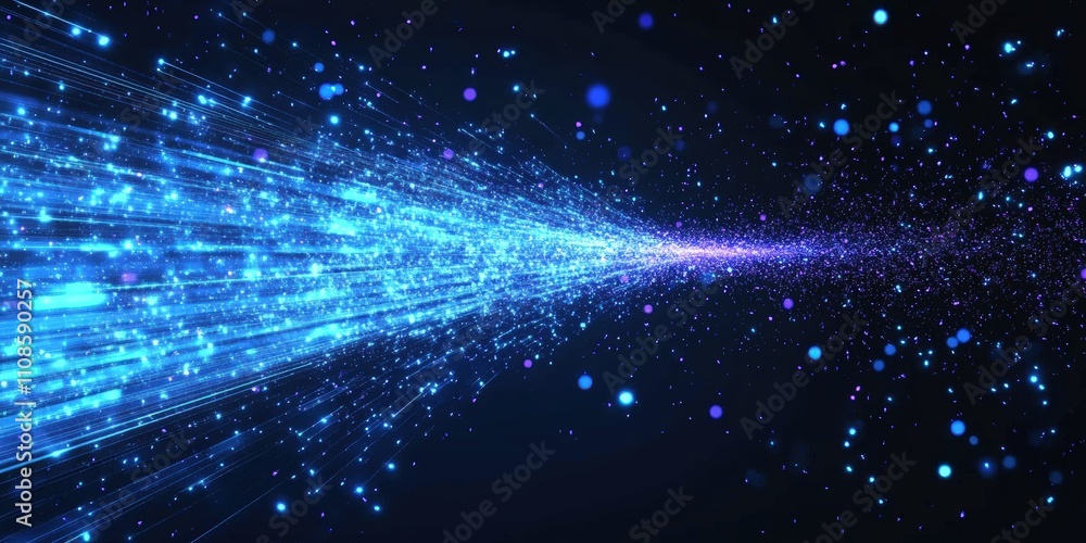 Poster blue light beam with flowing data lines on a dark background, abstract visualization of digital info