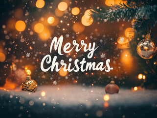 Fototapeta premium A festive image with bokeh lights, snow, and ornaments, it says 
