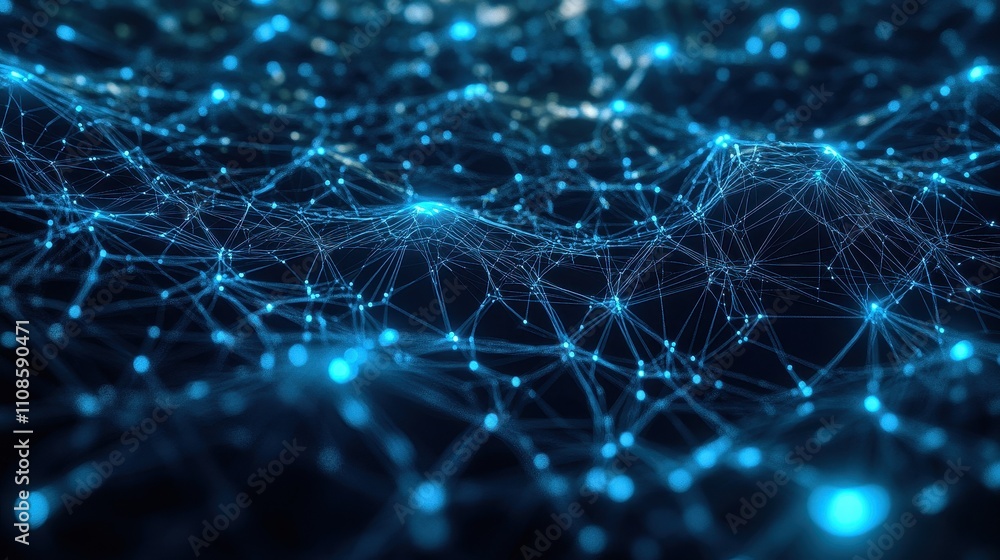 Poster abstract blue network connection futuristic digital technology background with glowing nodes and lin