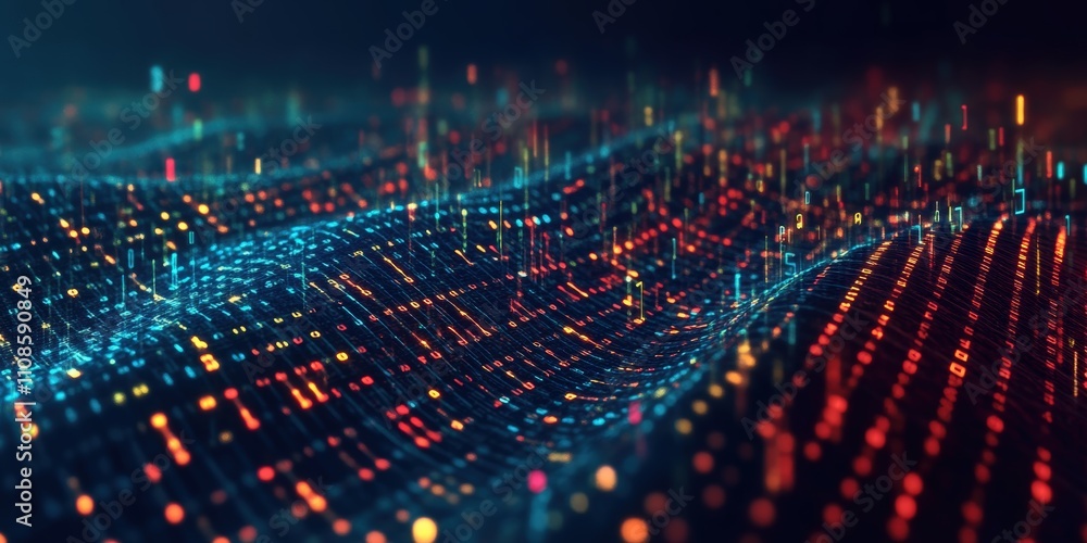 Poster abstract digital background featuring waves of colorful data in motion, ideal for technology, scienc