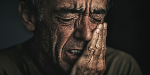 Obraz premium A man with pain in his teeth, covering one side of his face and holding it with both hands, generative AI