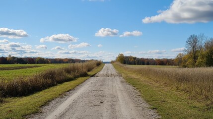 Obraz premium Scenic Autumn Countryside Road Gravel Path Leading Through Fields and Colorful Trees Under a Blue Sky with Puffy Clouds