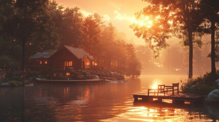 Fototapeta premium Serene sunset reflection cozy lake cabin nature tranquil environment scenic viewpoint
