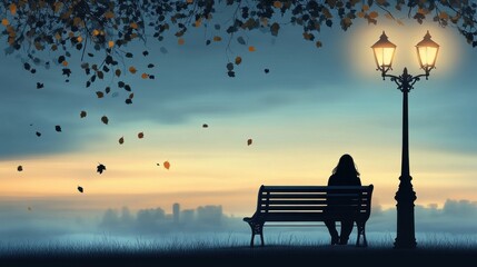 Solitary Figure on a Park Bench at Dusk Serene Autumnal Scene with City Skyline and Illuminated Lamppost