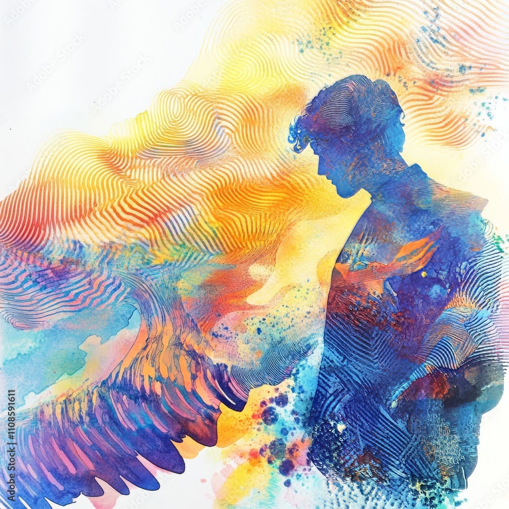 Poster a dynamic abstract artwork featuring a silhouette of a person intertwined with vibrant colors and pa