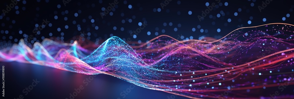 Poster glowing digital swirl of light waves in vibrant colors with sparkling particles in a dark background