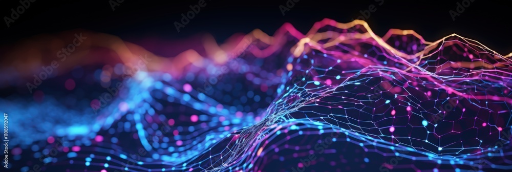 Poster digital swirl of glowing colors in a data visualization landscape with network connections and vivid