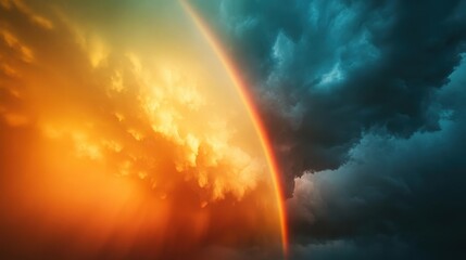 Fototapeta premium Dramatic Sunset Sky with Partial Rainbow, Fiery Orange and Teal Cloudscape Background