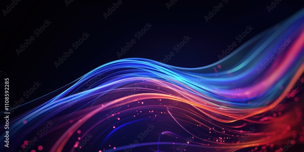 Poster abstract colorful wave design with vibrant light trails and digital elements against a dark backgrou