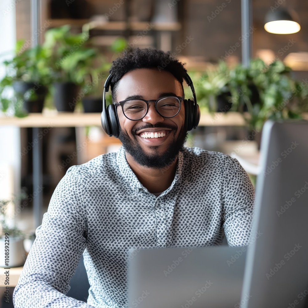 Poster Man, portrait and computer with headset for crm, customer service and telemarketing and call center. Office, smile or technology for communication for help, support and male person or agent for sales