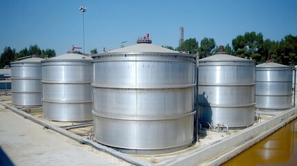 Industrial storage tanks manufacturing facility infrastructure sunny day aerial view efficiency and innovation