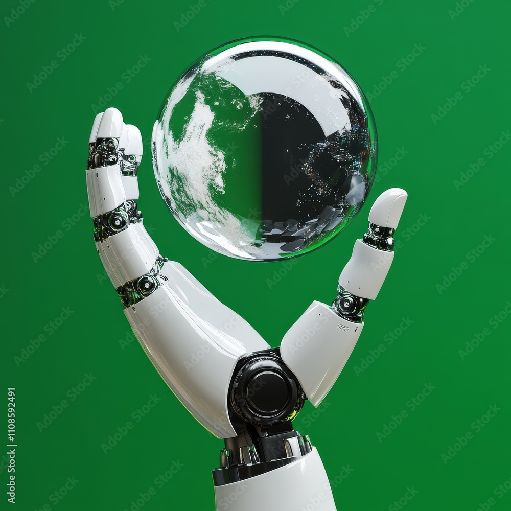 Leinwandbilder globe crystal glass ball in robot hand. green background with bokeh. artificial intelligence, world 