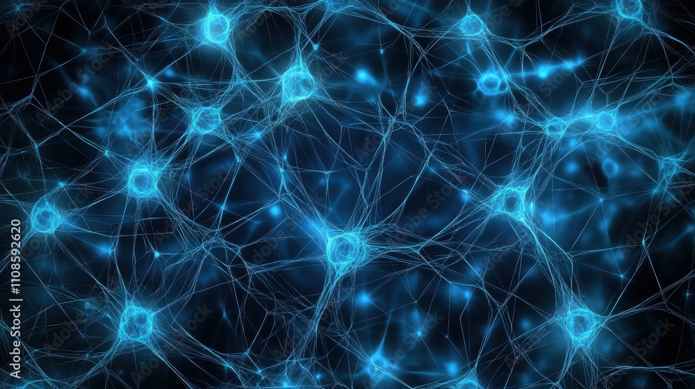 Poster microscopic view of neural network intricate blue neurons and synapses - abstract medical background