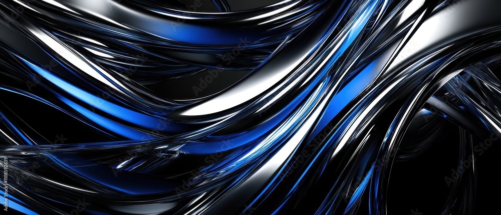 Poster abstract 3d rendering of glossy black and blue swirling lines dynamic, tech-inspired background imag