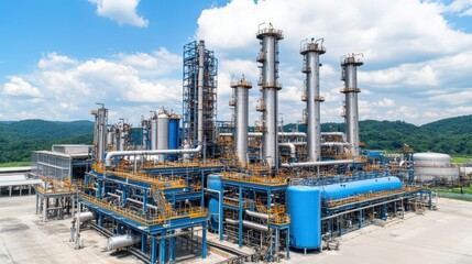 Fototapeta premium Industrial complex infrastructure manufacturing site aerial view clear sky technology and environment overview