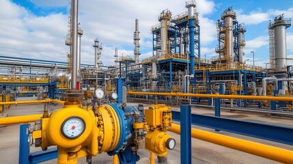 Industrial operations at oil refinery manufacturing facility infrastructure outdoor wide-angle view process efficiency