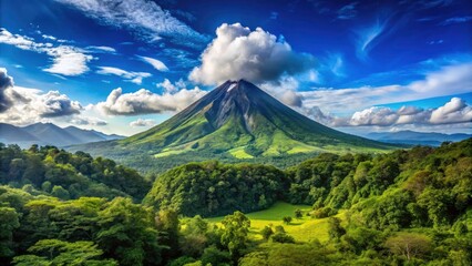 Fototapeta premium Panoramic View of Arenal Volcano, La Fortuna, Costa Rica - Majestic Cone-Shaped Volcano Surrounded by Lush Rainforest and Scenic Landscapes