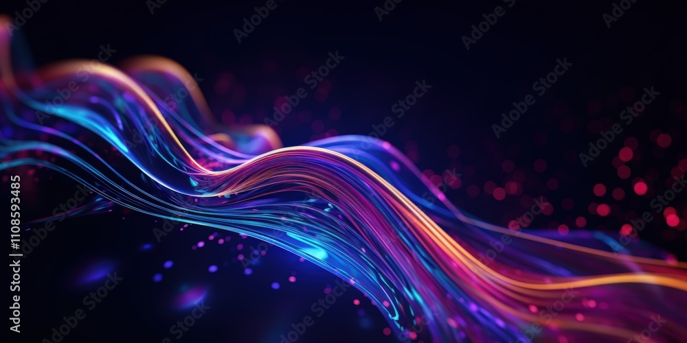 Poster futuristic abstract background with colorful waves and bright specks of light in a dark space, ideal