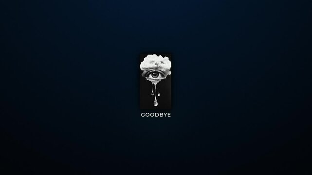 Title text, the word "goodbye", ending credit, animation, video, glitch, animated text, retro, vintage, cosmic, surreal, black and white graphic, animated graphic, glitch art, eye, cloud, tears, rain