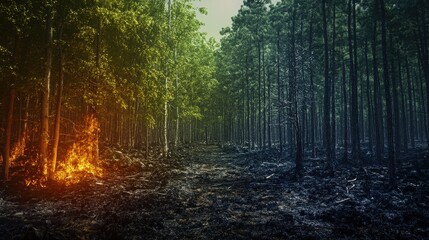 Obraz premium Dramatic Contrast Forest Fire Aftermath - Lush Green Meets Burned Earth, Environmental Impact, Climate Change, Nature Photography
