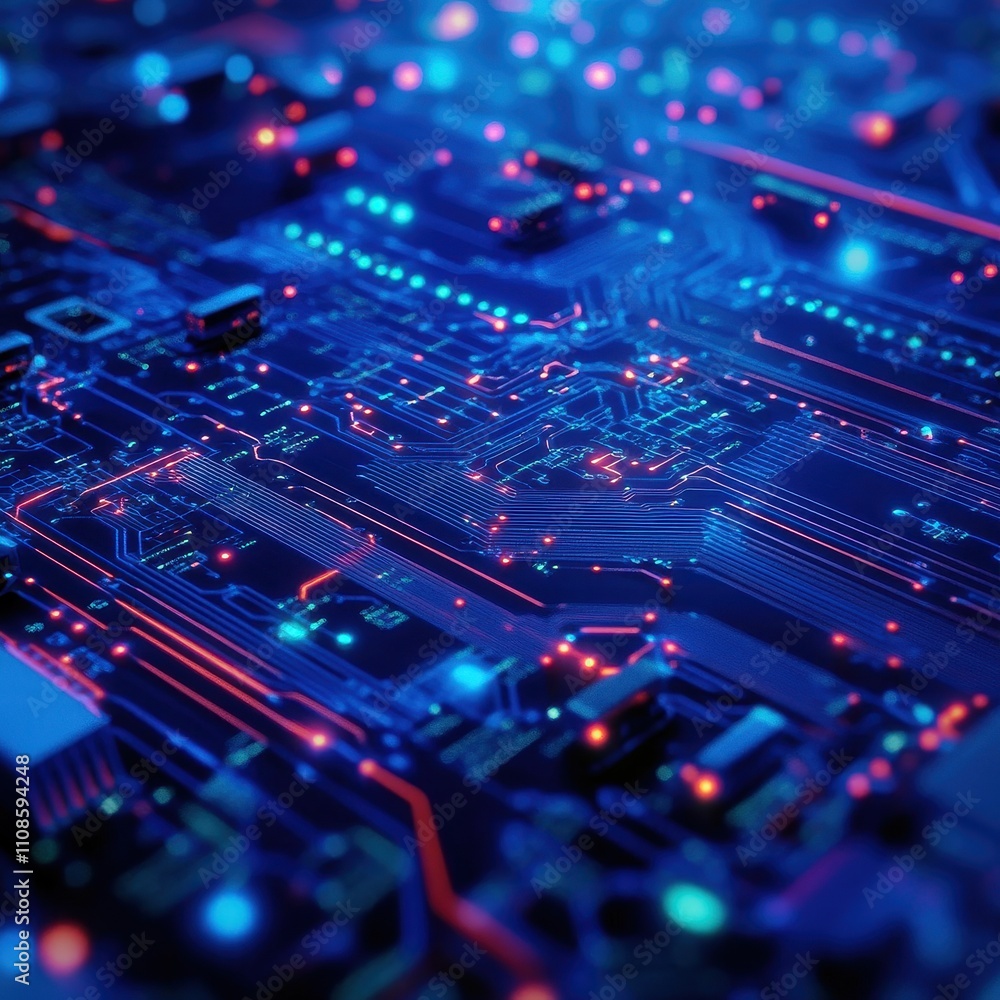 Poster microscopic close-up of illuminated circuit board abstract technology background with red and blue g