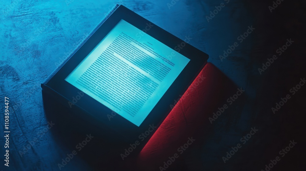 Poster Ereader displaying text under blue and red light