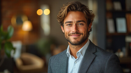 Fototapeta premium Confident Businessman Smiling Warmly in Suit Office Portrait