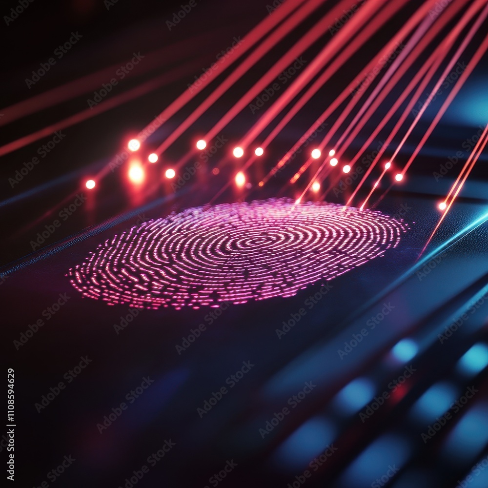 Poster abstract fingerprint scan neon pink biometric data with red laser beams - futuristic technology back