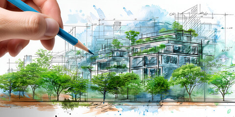 Eco-Friendly Urban Design Hand Sketch Showcasing Green Architecture and Renewable Energy Solutions

