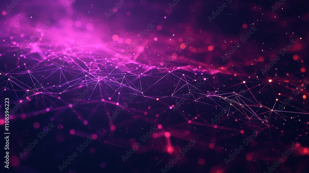 Poster abstract purple and pink network connection background glowing nodes and lines, futuristic digital t