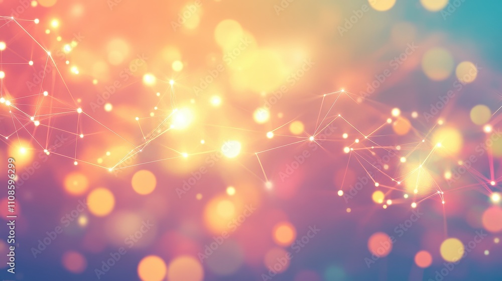 Poster abstract golden bokeh background with connecting lines and nodes - network, technology, and connecti