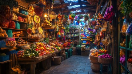 Fototapeta premium A vibrant market filled with colorful fruits and vegetables. Shelves are overflowing with fresh produce. Experience the essence of local shopping. Generative AI