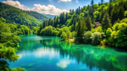 Fototapeta premium Vertical Tilt-Shift Photography of Serene Green Lake Views for Banners and Backgrounds