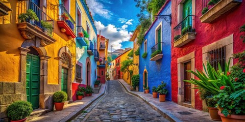 Naklejka premium Vibrant Kiss Alley in Guanajuato, Mexico, Showcasing Colorful Houses, Street Art, and Cultural Heritage in an Enchanting Urban Landscape