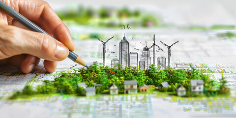 Hand-Drawn Sketch of an Eco-Friendly City Featuring Sustainable Energy and Windmills

